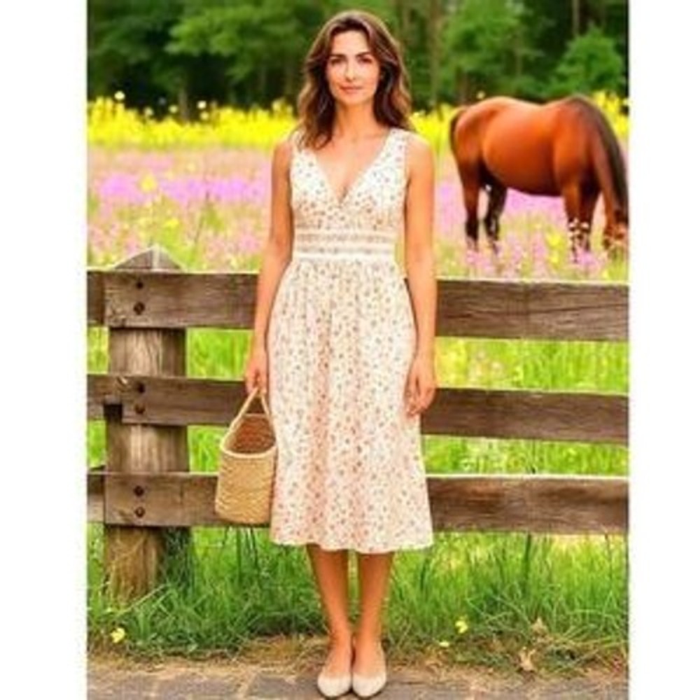 Sundance Floral Cotton Midi Dress V-Neck Crochet Lace Waist Cottagecore Prairie